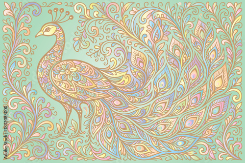 Abstract vector art a stylized peacock spreading its tail, featuring magnificent feathers with vibrant, smooth color gradients. Symbolizes beauty and pride.