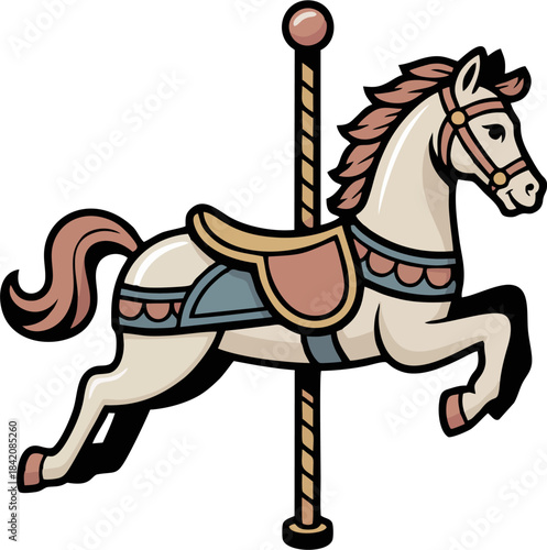 Playful flat carousel horse illustration on beige background, cute vintage amusement park ride