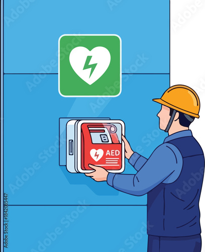 Worker installing an automated external defibrillator AED on a blue wall with a heart and lightning bolt sign above it.