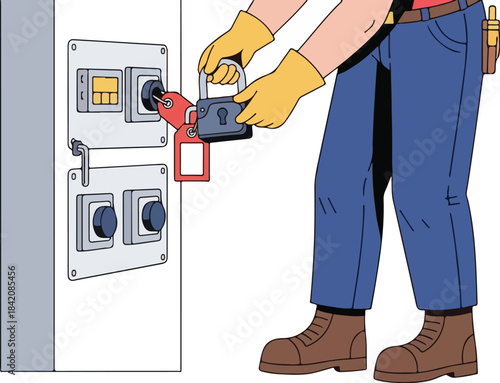Worker performing lockout tagout procedure on electrical panel for safety.