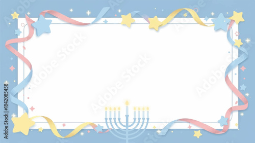 Hanukkah card template. Jewish holiday greeting card. Menorah with stars and ribbons. Blue background. Vector illustration. Festive design. Celebration frame. Blank space for text. Colorful