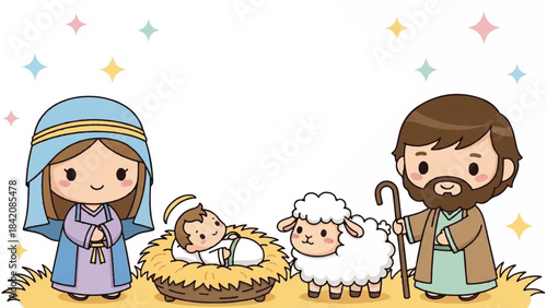 Nativity scene with Mary, Joseph, baby Jesus, and sheep. Christmas cartoon illustration. Holy family characters. Vector drawing of manger scene. White background. Colorful stars.