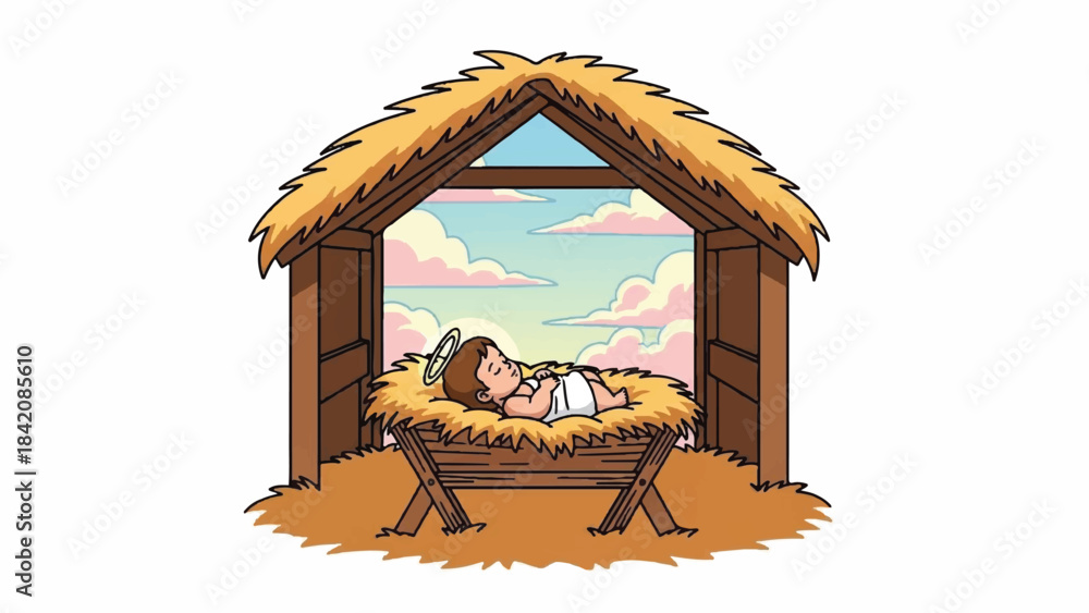 Obraz premium Christmas nativity scene. Pixel art illustration of baby Jesus in manger. Brown wooden shed. Straw bedding. Blue sky with pink clouds. Vector graphic design element. Holiday and religious