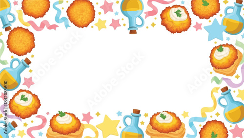 Birthday frame border. Vector illustration for kids party decoration. Colorful cartoon elements. Cake, stars, confetti, and balloons. Seamless pattern background. White empty space for text.