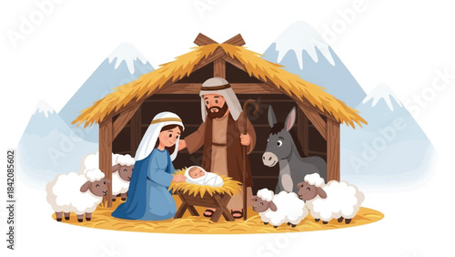 Christmas nativity scene. Holy family in manger. Shepherds and animals around. Vector illustration of Mary, Joseph, and Jesus. Winter mountain background. Religious holiday icon.