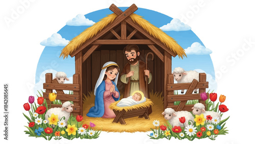 Christmas nativity scene. Vector illustration of Mary, Joseph, and baby Jesus in a manger. Wooden barn with hay. Flowers and sheep around. Blue sky with clouds. Holiday and religious icon.