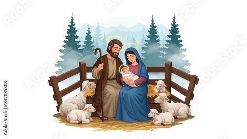 Nativity scene with Mary, Joseph, and baby Jesus. Holy family in manger with sheep and fence. Winter forest background. Vector illustration of Christmas and New Year holiday. Religious