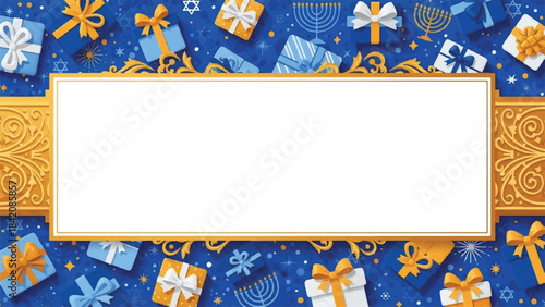 Christmas gift wrapping paper. Blue and gold presents. White text box. Holiday gift tag. Vector illustration. Seamless pattern. Gift box design. Festive background.