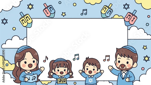 Happy Jewish family celebrating Hanukkah. Cartoon illustration of four kids in blue clothes with dreidels and musical notes on a blue background with clouds and stars. Vector design for