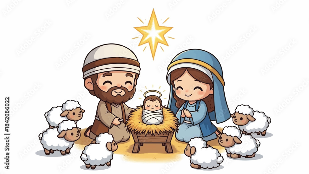 Naklejka premium Nativity scene with Mary, Joseph, and baby Jesus. Cartoon illustration of holy family. Shepherds and sheep around manger. Star of Bethlehem shining above. Christmas and New Year holiday
