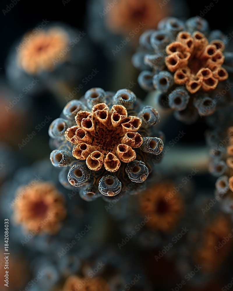 Obraz premium A cluster of many pollen grains, fine, sharp, and softly illuminated.