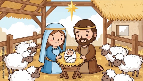 Nativity scene with Mary, Joseph, and baby Jesus. Cartoon illustration of holy family in manger with sheep. Star of Bethlehem shining. Wooden fence and barn in background. Vector Christian