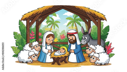 Nativity scene with Mary, Joseph and baby Jesus. Cartoon illustration of holy family with sheep and donkey. Tropical hut background with palm trees. Vector Christmas and New Year holiday