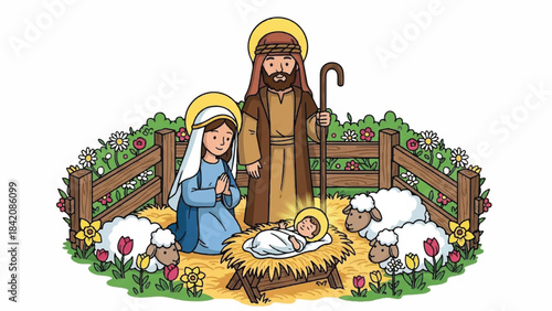 Nativity scene with Mary, Joseph, and baby Jesus. Holy family illustration. Shepherd and sheep. Christmas manger scene. Vector cartoon characters. White background.