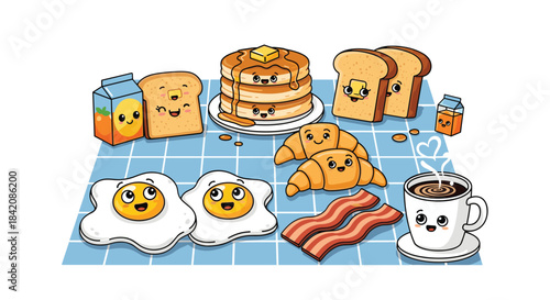 Adorable kawaii breakfast food characters enjoying a sunny morning meal