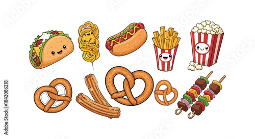 Collection of cute kawaii style fast food illustrations with happy faces