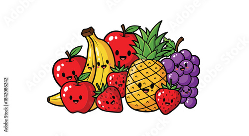 Cute kawaii fruit characters gathered together in a vibrant bunch