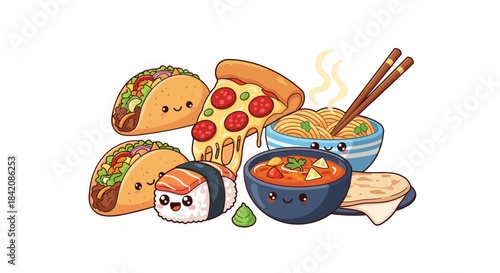 Adorable kawaii food characters having a delicious feast together