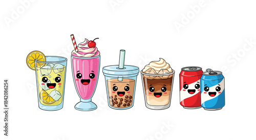 Kawaii cartoon drinks with cute happy faces and adorable expressions