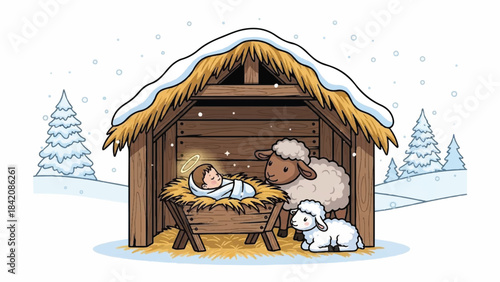 Christmas nativity scene. Baby Jesus in manger. Cow and sheep. Winter landscape. Snowy trees. Vector illustration.
