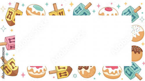 Hanukkah border frame. Jewish holiday theme. Vector illustration of dreidels and donuts on white background. Festive design elements. Colorful icons. Seamless pattern. Holiday decoration.