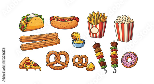 Colorful hand drawn assortment of popular fast food and snack items
