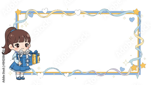 Kawaii girl holding gift. Colorful frame border. Blue and yellow design. White background. Vector illustration. Gift box. Ribbon and stars. Cartoon character. Decorative template.