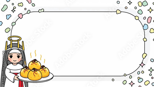 Nun cartoon character holding plate of food. Vector illustration of smiling nun with tray of desserts. White background with colorful confetti and stars. Cartoon nun with halo. Dessert