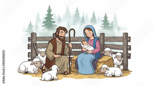 Holy family in manger. Mary, Joseph, and baby Jesus with sheep. Nativity scene illustration. Vector Christmas icon. Wooden fence background. Winter forest. Traditional biblical characters.