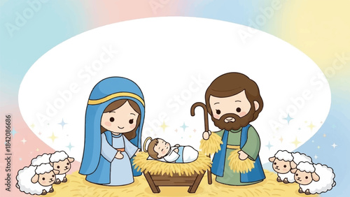 Nativity scene with Mary, Joseph, and baby Jesus. Cartoon illustration of holy family. Christmas manger with sheep. Vector drawing of biblical scene. Religious icon. Holy night characters.
