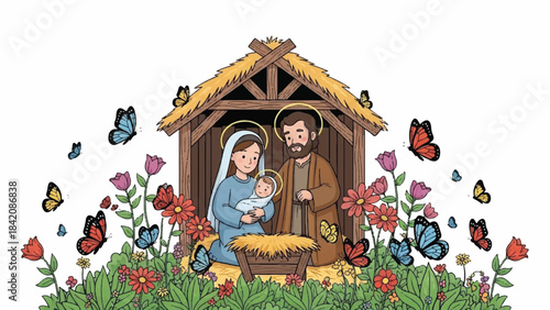 Nativity scene with Mary, Joseph, and baby Jesus. Colorful flowers and butterflies around. Vector illustration of holy family in manger. Christmas and New Year holiday symbol. Religious