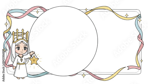 Christmas and New Year frame template. Cartoon angel with crown and star. Colorful ribbons and stars border. Vector illustration for holiday greeting card, background, website and social