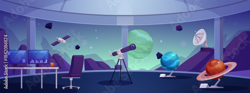 Space observatory interior with panoramic windows, desk, and telescope.
