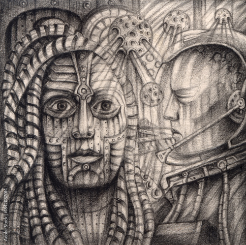 Surreal art future human design by hand drawn.