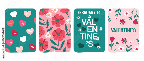 Set of floral and heart pattern backgrounds for Valentine's Day cards