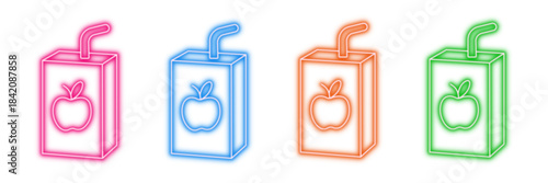 Neon glowing apple juice box vector icons set, fruit juice, refreshing beverage, healthy drink, vibrant colorful glowing line art, digital package illustration.