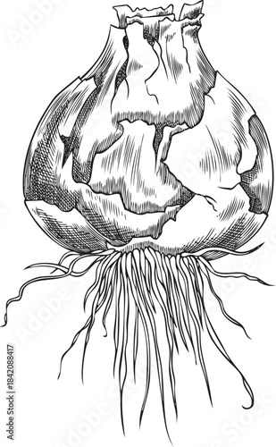 Hand-drawn hyacinth bulb with roots and scales, black and white sketch.