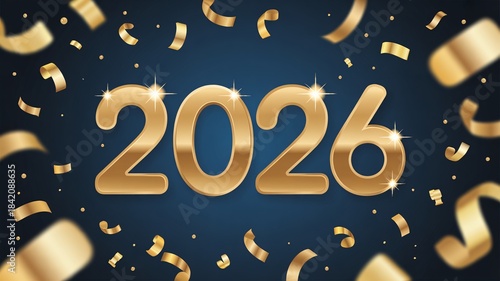 Golden three dimensional year twenty twenty six celebration graphic design with falling confetti on blue background