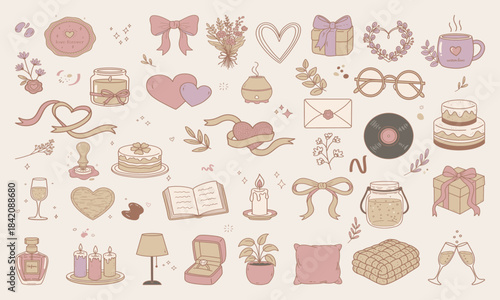 Neutral Valentine Aesthetic Clipart Bundle featuring cozy lifestyle items: candles, mugs, flowers, ribbons, hearts, envelopes, cakes, gifts, plants, books, and homey romantic objects