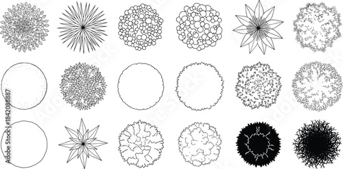 Collection of stylized circular and star-shaped tree top view illustrations for architectural and landscape design