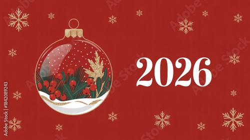 Festive holiday greeting card design featuring a glass ornament and the year 2026 against red