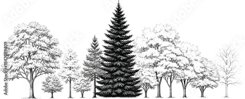 Artistic hand-drawn illustration depicting a serene grove of various tree species, from towering conifers to broadleaf deciduous trees, rendered in a classic black and white style