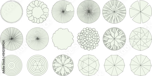 Top-down architectural drawings of various trees and foliage for landscape design and urban planning