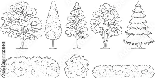 Detailed line art collection showcasing a variety of trees and bushes, including diverse deciduous, coniferous, and shrub outlines, perfect for architectural design and landscape planning