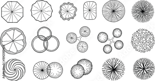 Top-down view of various stylized tree shapes and patterns for architectural and design purposes