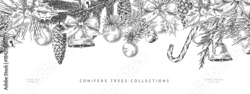Christmas decorations and conifer trees with cones engraved hand drawn vector seamless border, mistletoe, jingle bells