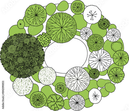 Overhead view of a detailed landscape design showcasing a diverse botanical layout with various tree and plant species strategically arranged for aesthetic harmony
