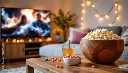 Cozy Living Room with Snacks and Warm Ambient Lighting