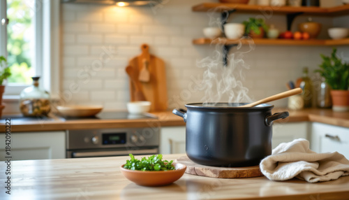 Cozy Modern Kitchen with Steaming Pot and Fresh Herbs