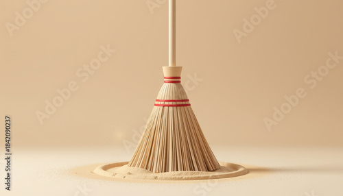 Small Wooden Broom Sand with Red Band